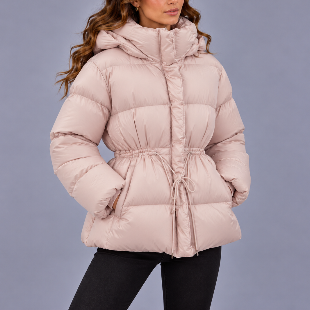 Women's Hooded Quilted Puffer Winter Jacket with Drawstring Waist