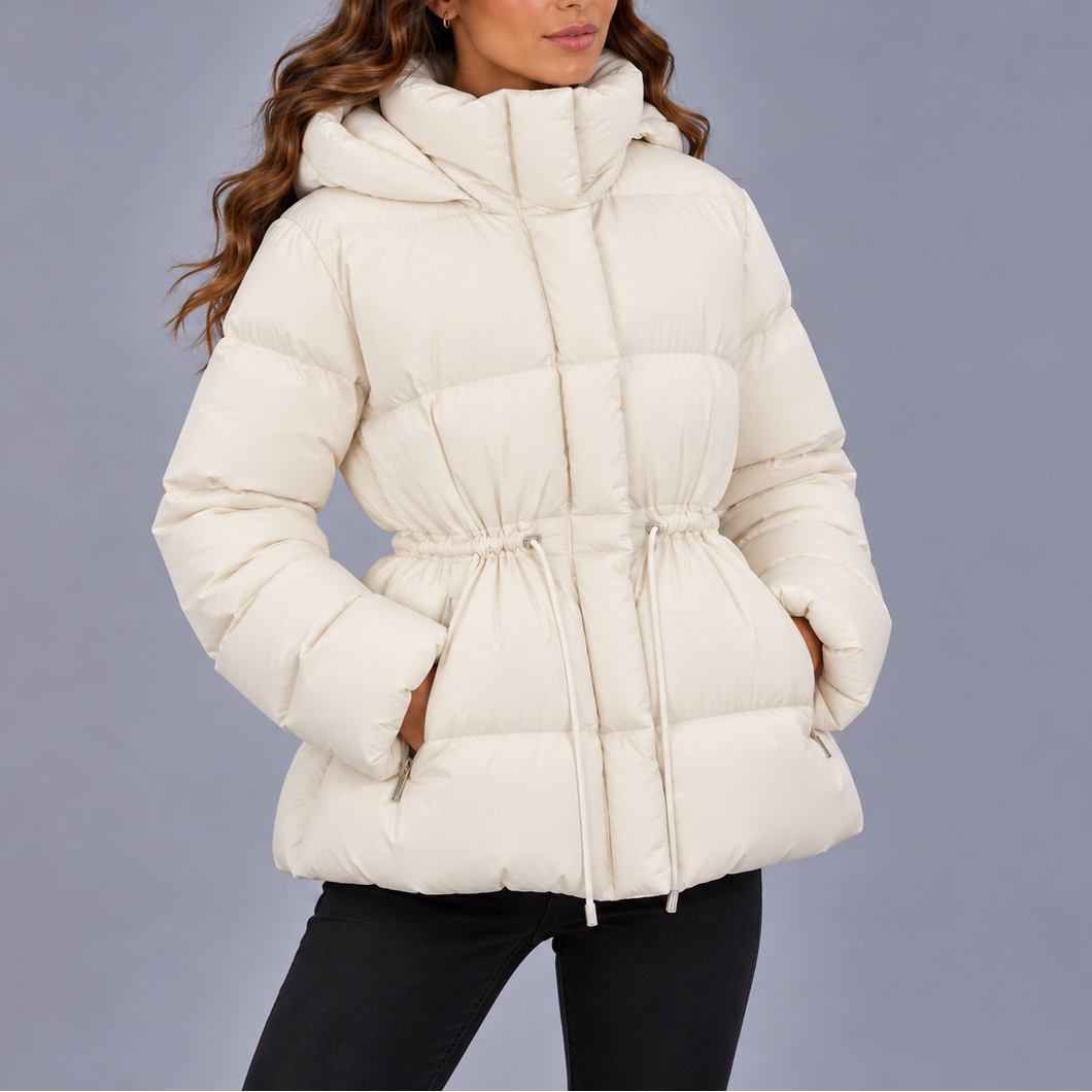 Women's Hooded Quilted Puffer Winter Jacket with Drawstring Waist