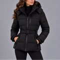 Women's Hooded Puffer Winter Jacket with Belt and Zipper Pockets