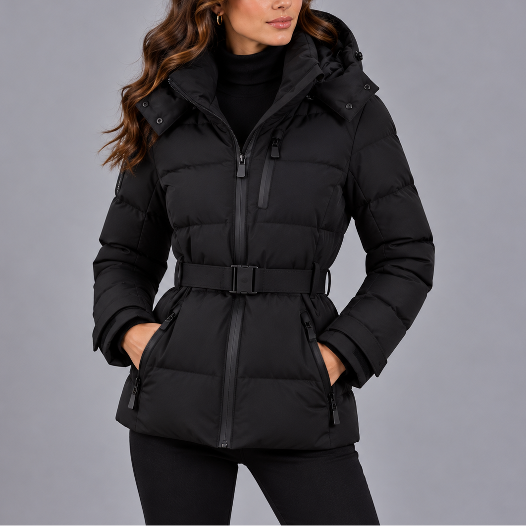 Women's Hooded Puffer Winter Jacket with Belt and Zipper Pockets