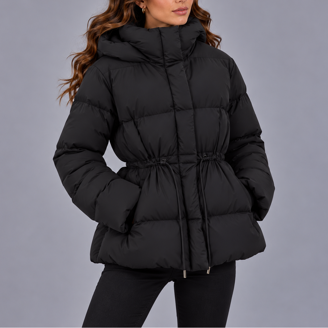 Women's Hooded Quilted Puffer Winter Jacket with Drawstring Waist