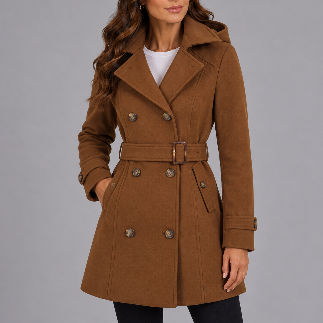 Women's Hooded Double Breasted Trench Coat with Belt and Long Sleeves            Bevalt deze persoonlijkheid je?