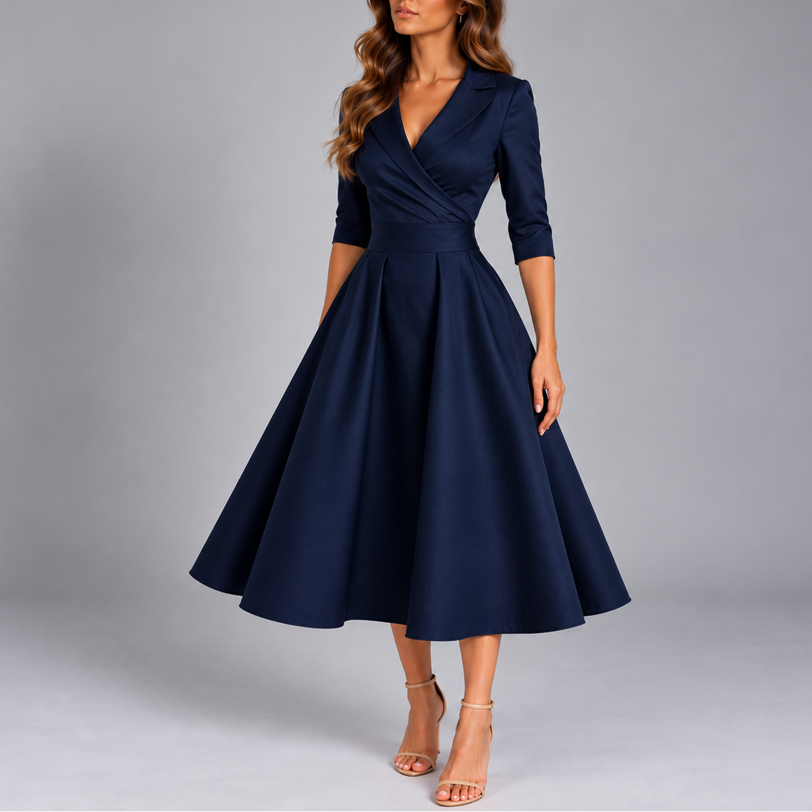 Women's Elegant A-Line Midi Dress – V-Neck Formal Evening Party Dress
