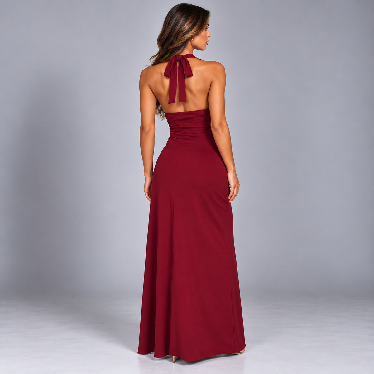 Women's Elegant Halter Neck Maxi Party Dress with High Slit & Ruched Fit