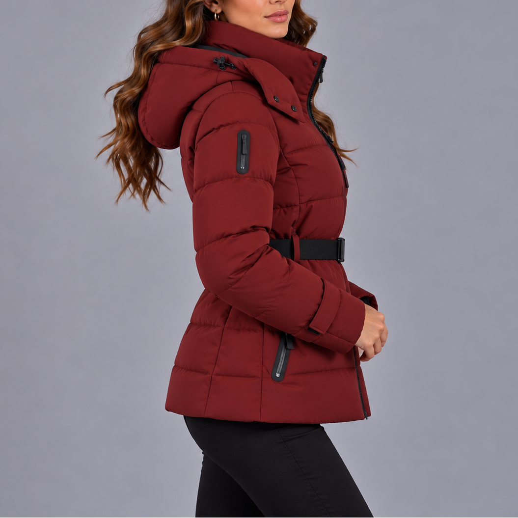 Women's Hooded Puffer Winter Jacket with Belt and Zipper Pockets