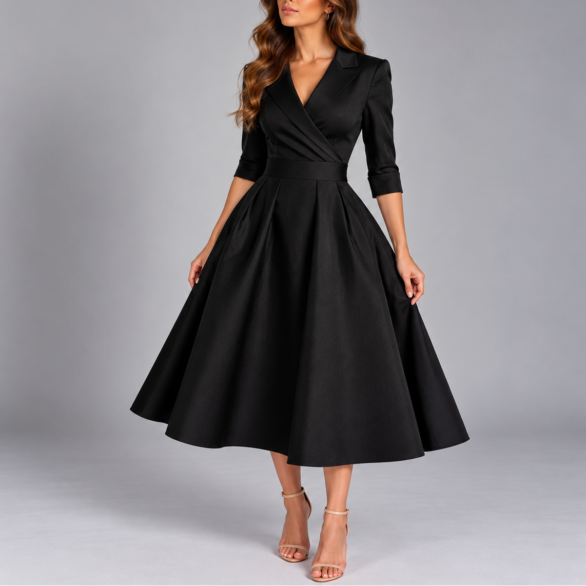 Women's Elegant A-Line Midi Dress – V-Neck Formal Evening Party Dress
