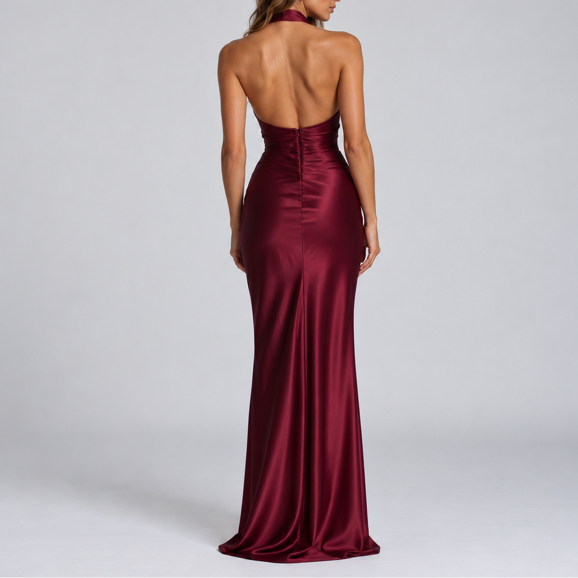 Elegant Satin Halter Neck Maxi Party Dress for Women – Evening Gown