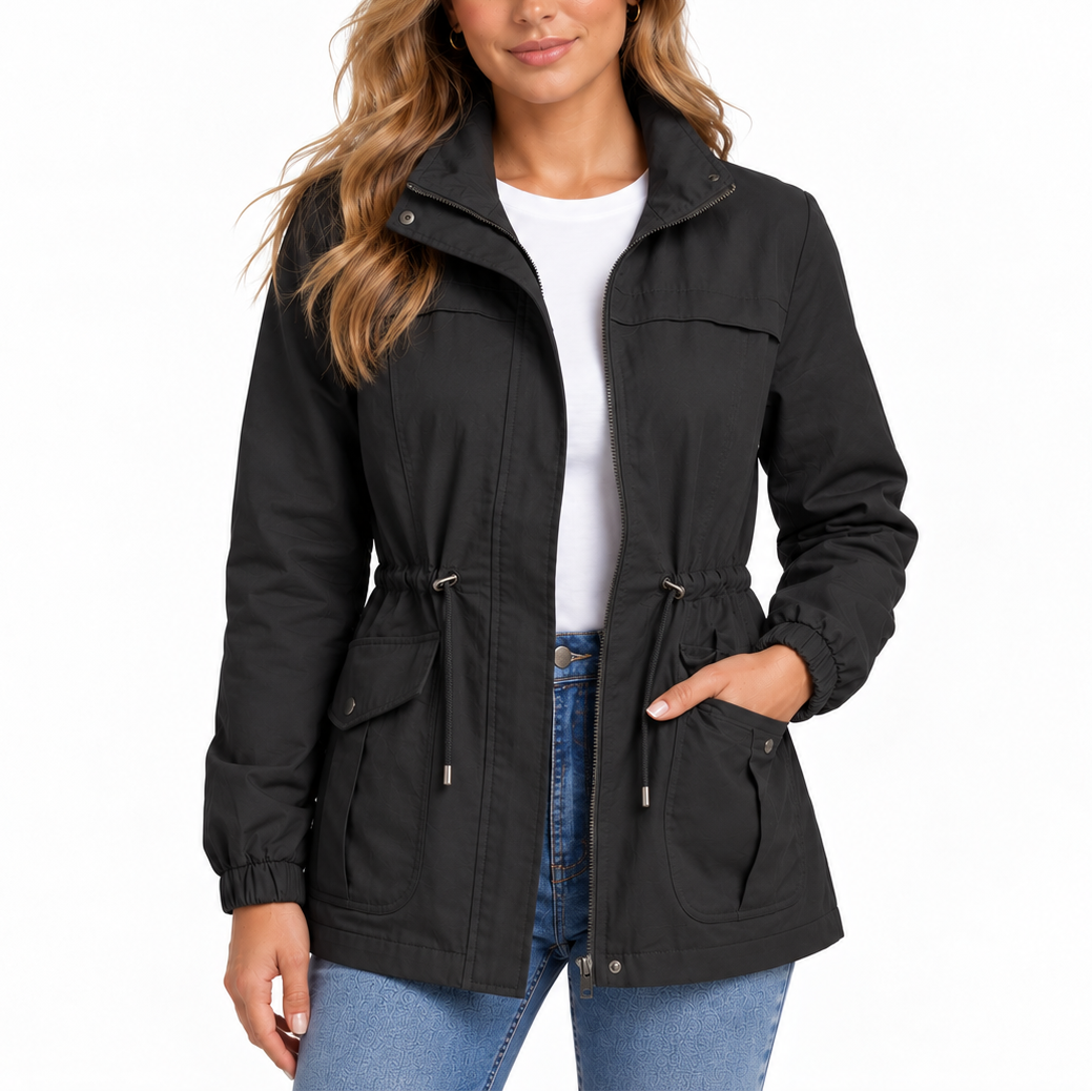 Women’s Utility Jacket with Drawstring Waist and Flap Pockets