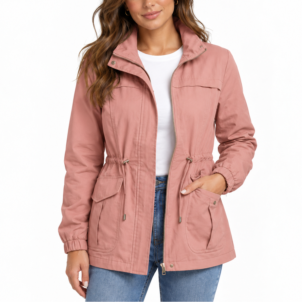 Women’s Utility Jacket with Drawstring Waist and Flap Pockets