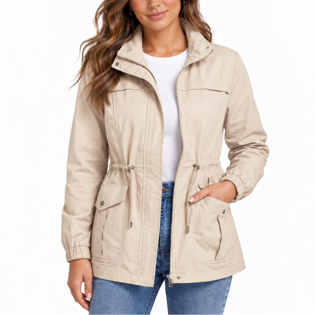 Women’s Utility Jacket with Drawstring Waist and Flap Pockets