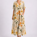 Women’s Floral Midi Dress – V-Neck & Short Sleeve Design