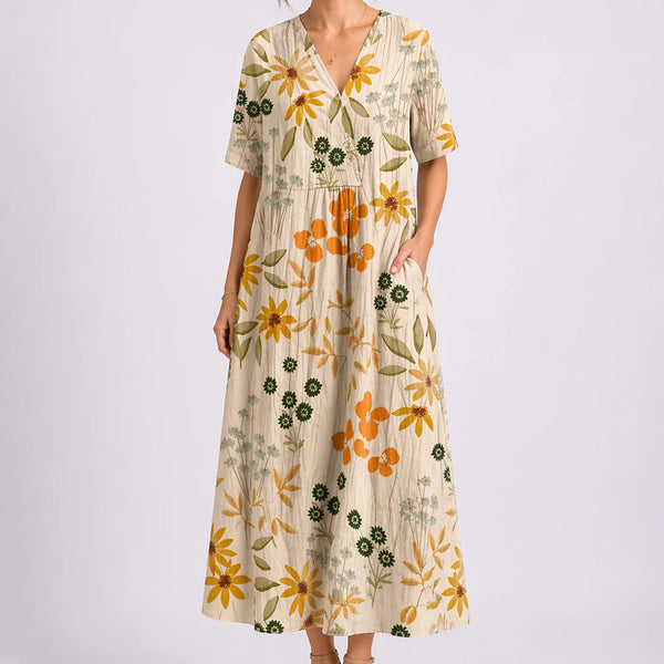 Women’s Floral Midi Dress – V-Neck & Short Sleeve Design