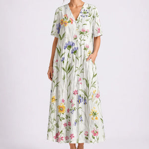Women’s Floral Midi Dress – V-Neck & Short Sleeve Design