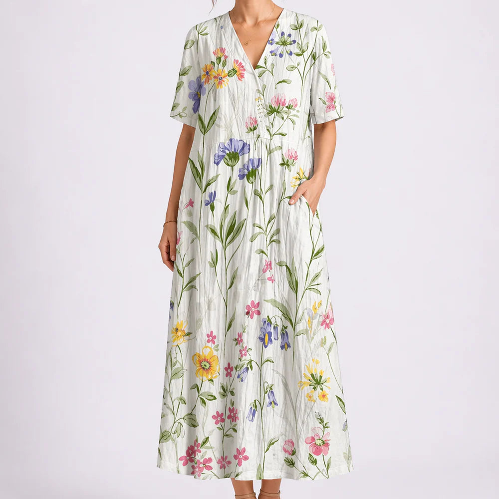Women’s Floral Midi Dress – V-Neck & Short Sleeve Design