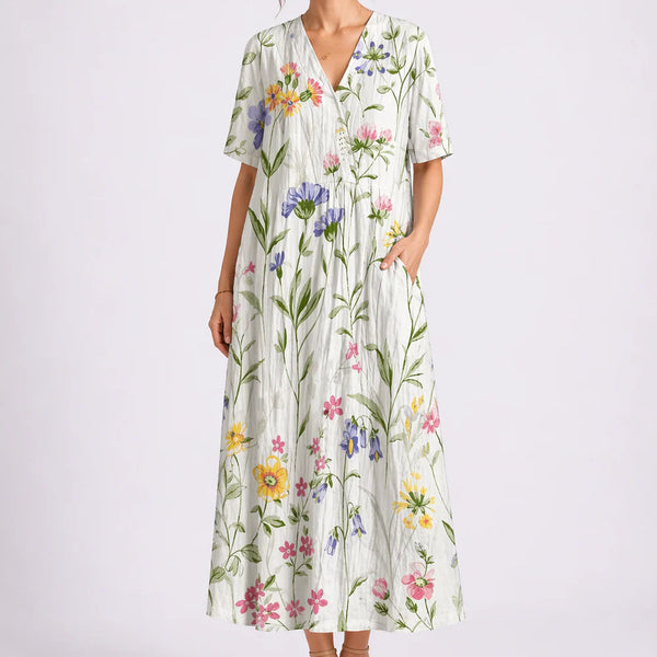 Women’s Floral Midi Dress – V-Neck & Short Sleeve Design