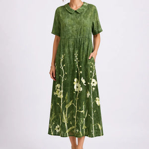Women’s Floral Midi Dress – V-Neck & Short Sleeve Design