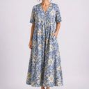 Women’s Floral Midi Dress – V-Neck & Short Sleeve Design