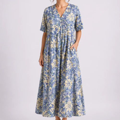 Women’s Floral Midi Dress – V-Neck & Short Sleeve Design