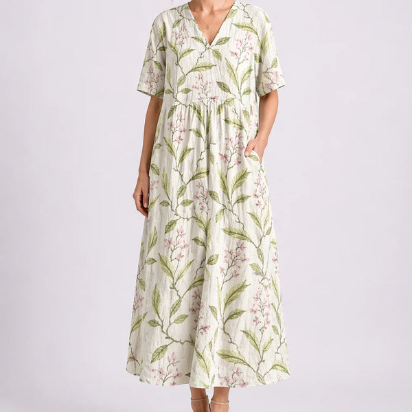 Women’s Floral Midi Dress – V-Neck & Short Sleeve Design