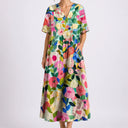 Women’s Floral Midi Dress – V-Neck & Short Sleeve Design