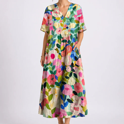 Women’s Floral Midi Dress – V-Neck & Short Sleeve Design