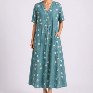 Women’s Floral Midi Dress – V-Neck & Short Sleeve Design
