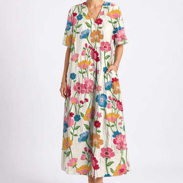 Women’s Floral Midi Dress – V-Neck & Short Sleeve Design