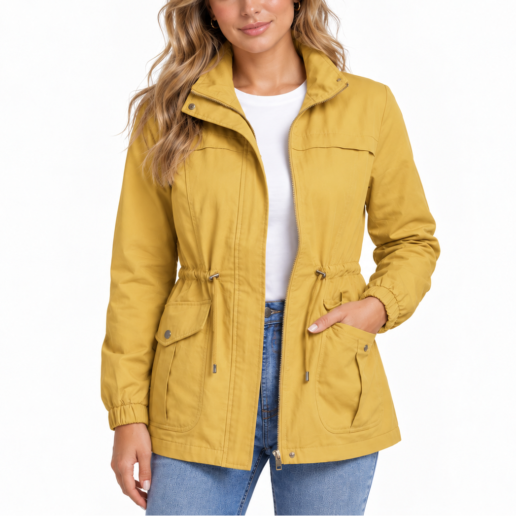 Women’s Utility Jacket with Drawstring Waist and Flap Pockets