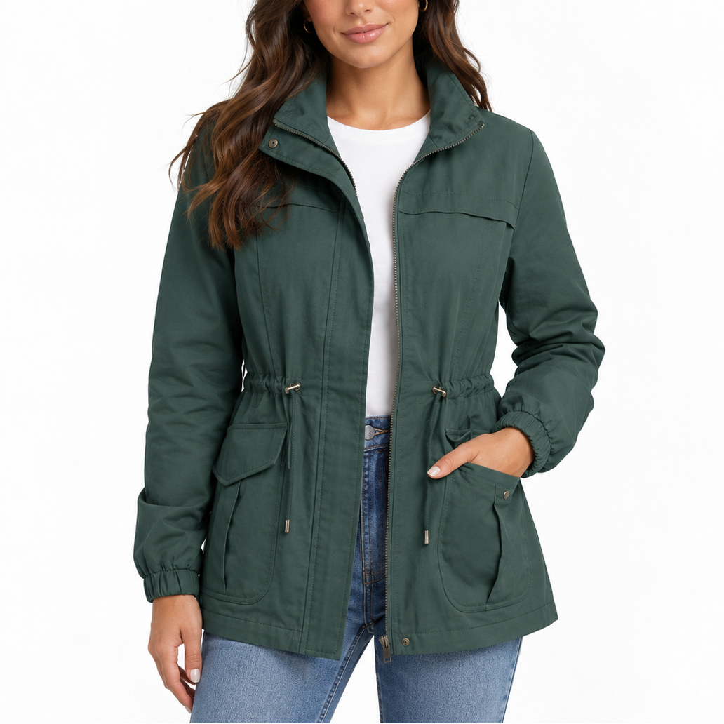 Women’s Utility Jacket with Drawstring Waist and Flap Pockets