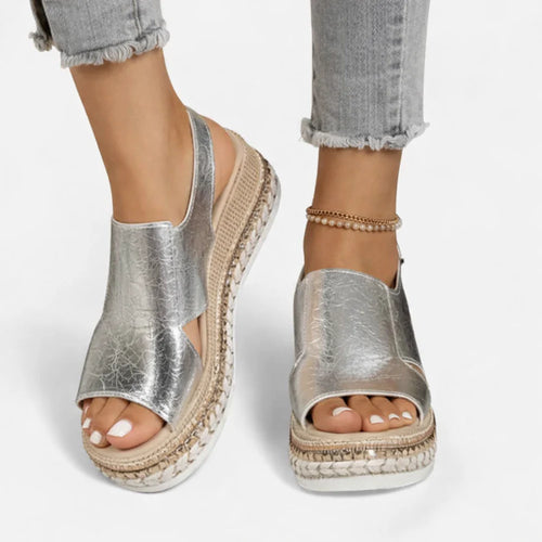 Women’s Summer Wedge Sandals – Supportive Comfort, Metallic Finish
