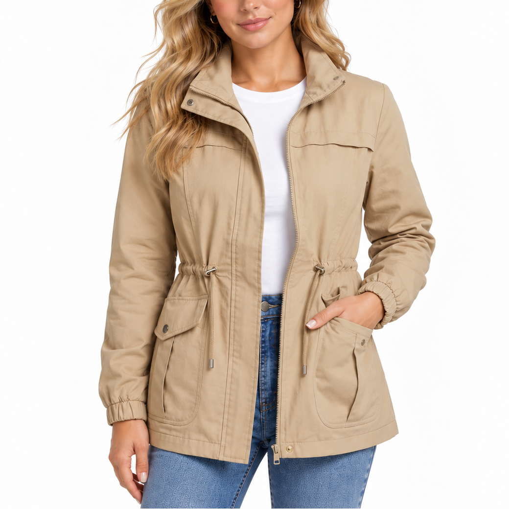 Women’s Utility Jacket with Drawstring Waist and Flap Pockets
