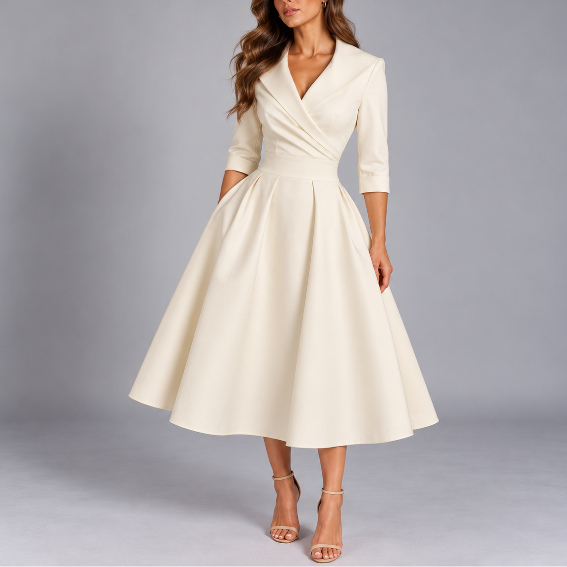 Women's Elegant A-Line Midi Dress – V-Neck Formal Evening Party Dress