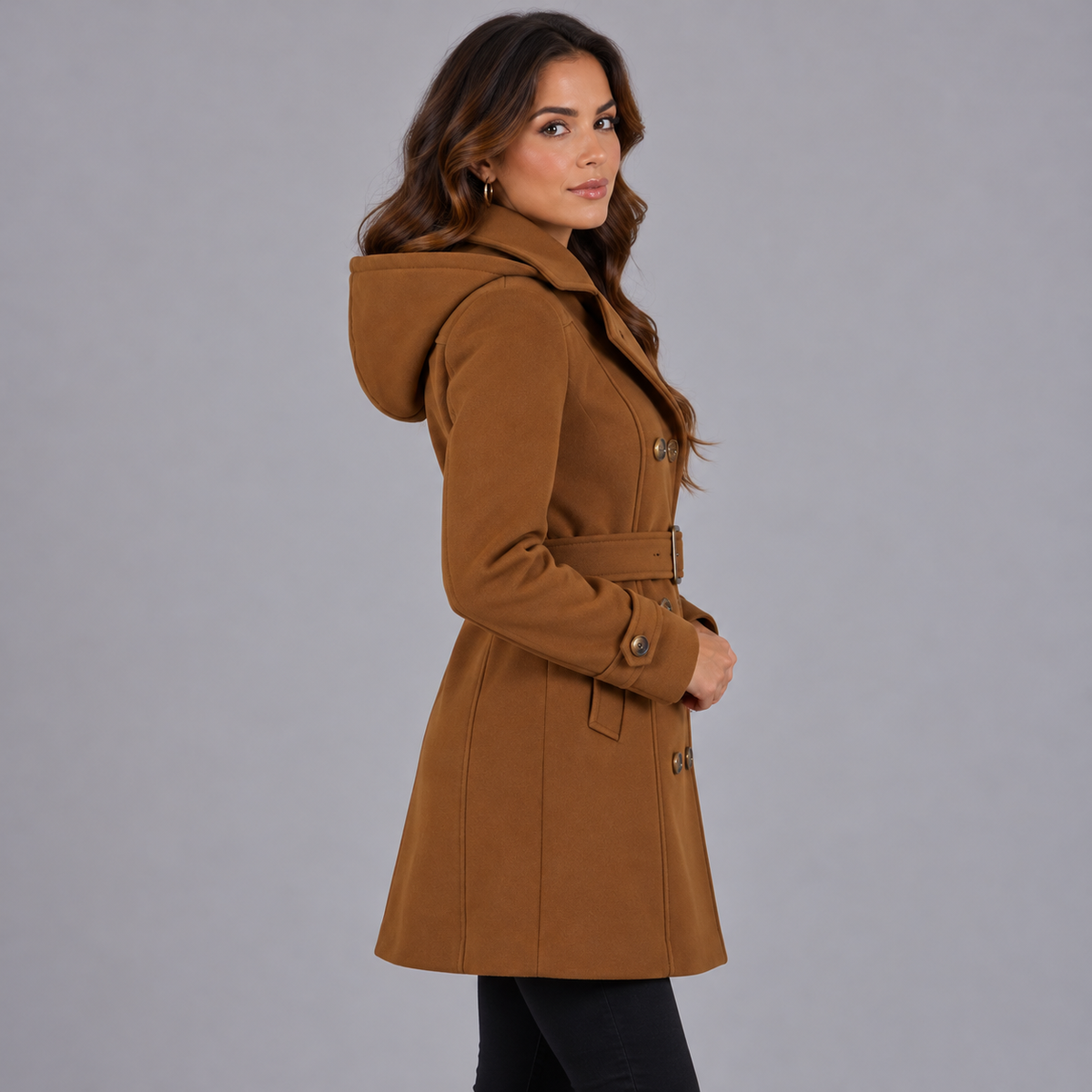 Women's Hooded Double Breasted Trench Coat with Belt and Long Sleeves            Bevalt deze persoonlijkheid je?