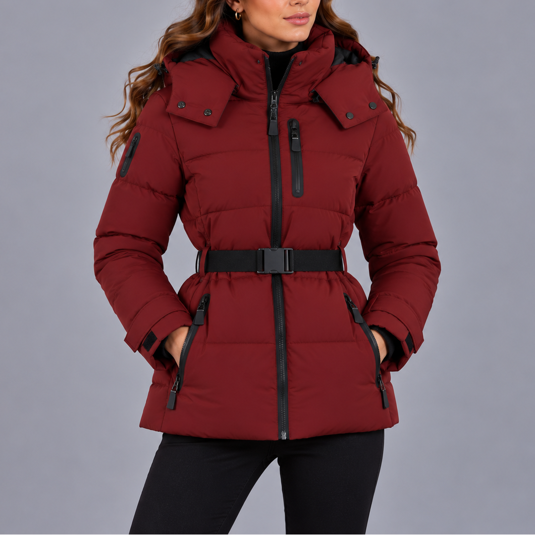 Women's Hooded Puffer Winter Jacket with Belt and Zipper Pockets