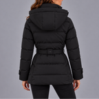 Women's Hooded Puffer Winter Jacket with Belt and Zipper Pockets