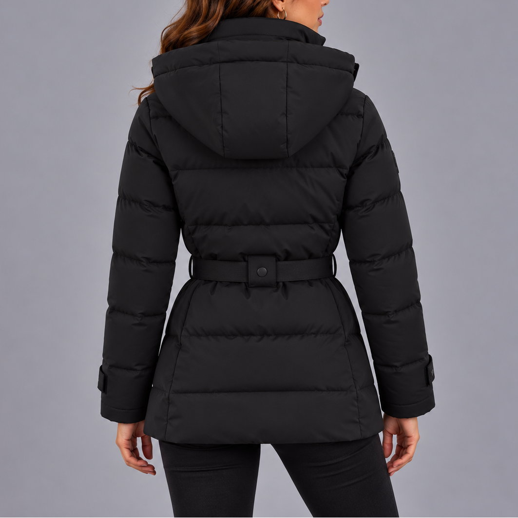 Women's Hooded Puffer Winter Jacket with Belt and Zipper Pockets