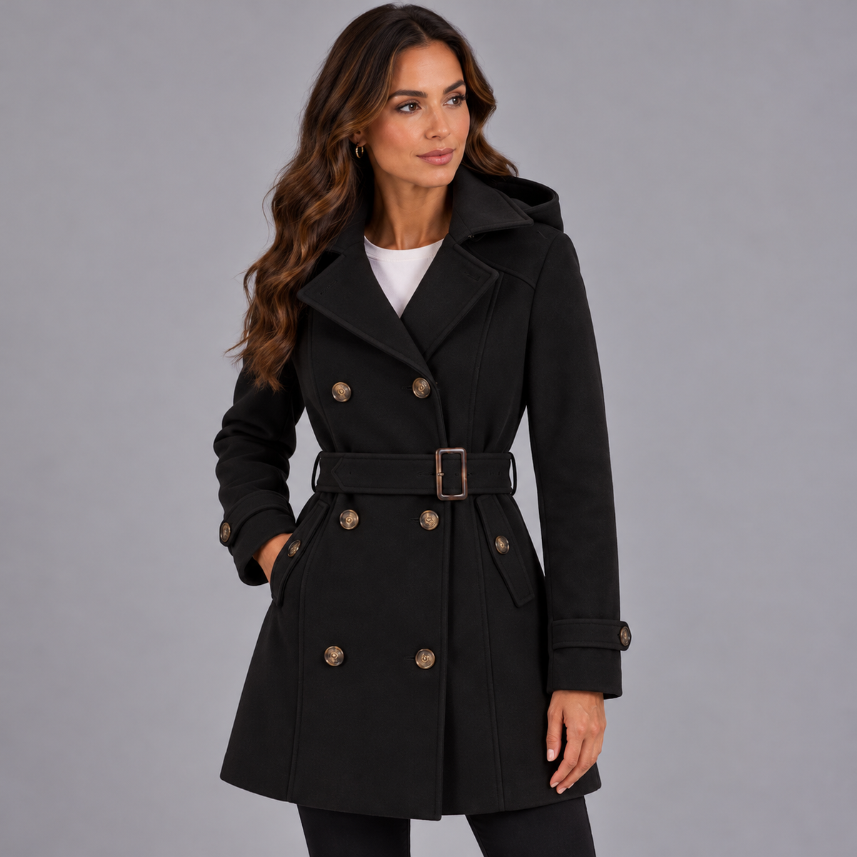 Women's Hooded Double Breasted Trench Coat with Belt and Long Sleeves            Bevalt deze persoonlijkheid je?