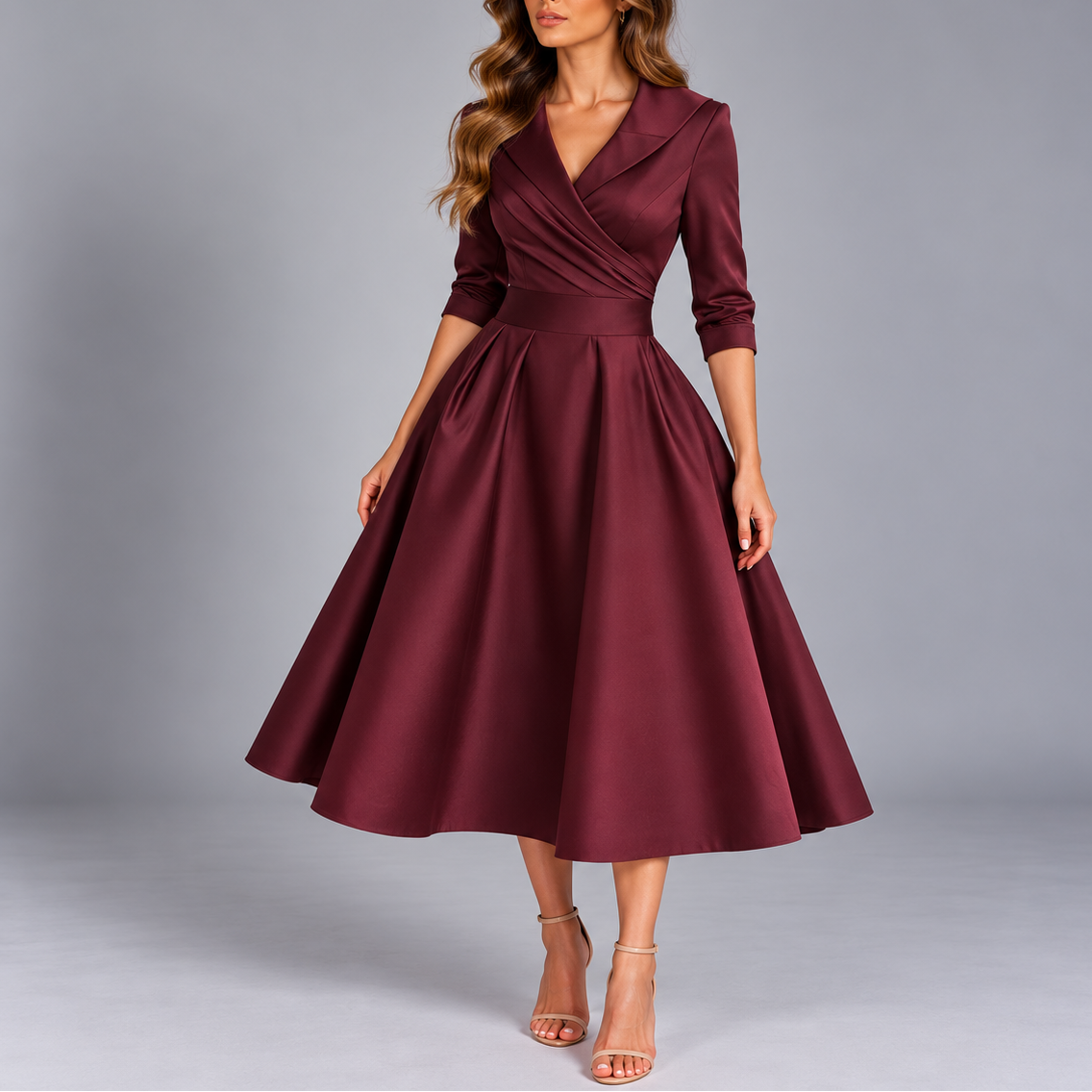 Women's Elegant A-Line Midi Dress – V-Neck Formal Evening Party Dress