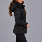 Women's Hooded Puffer Winter Jacket with Belt and Zipper Pockets
