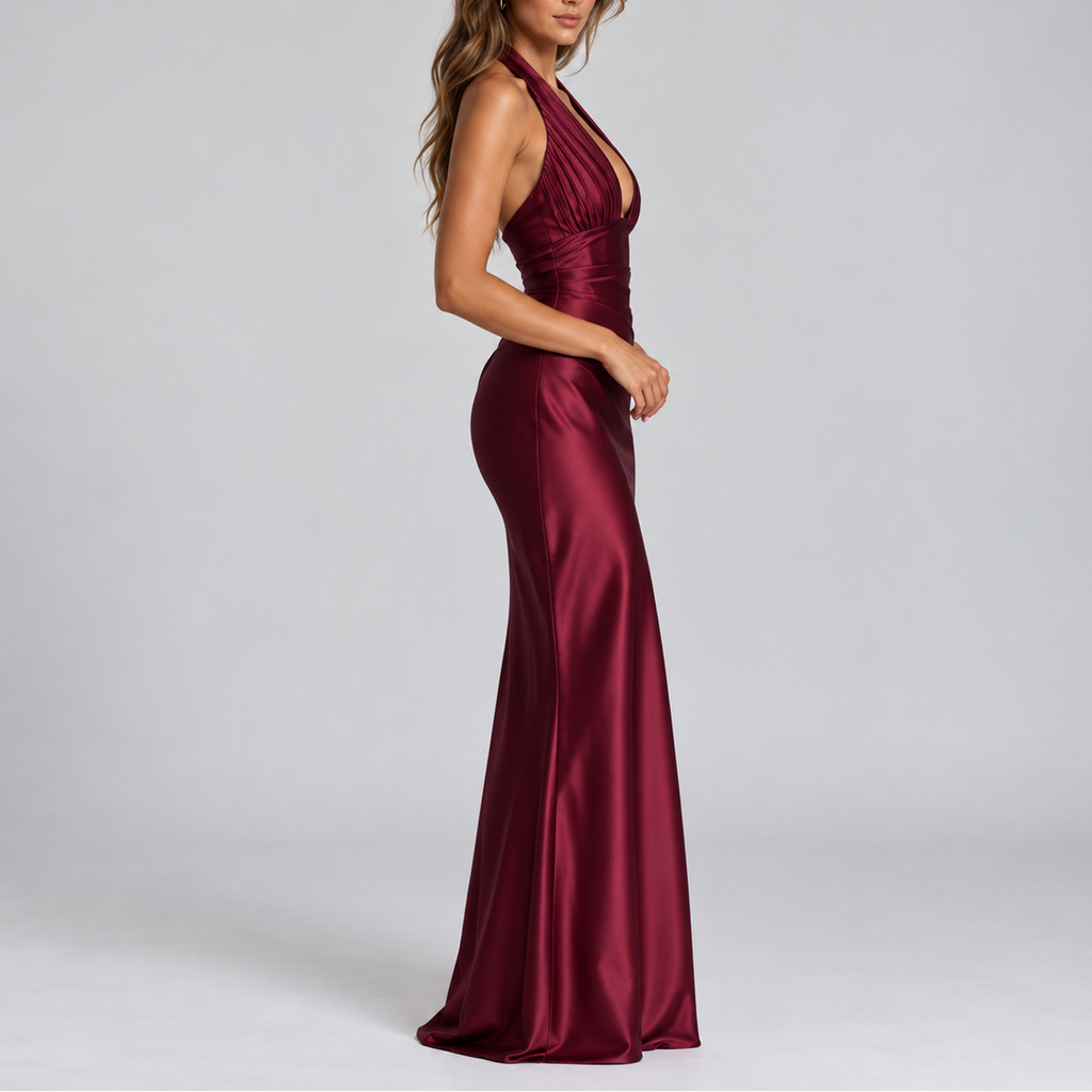 Elegant Satin Halter Neck Maxi Party Dress for Women – Evening Gown