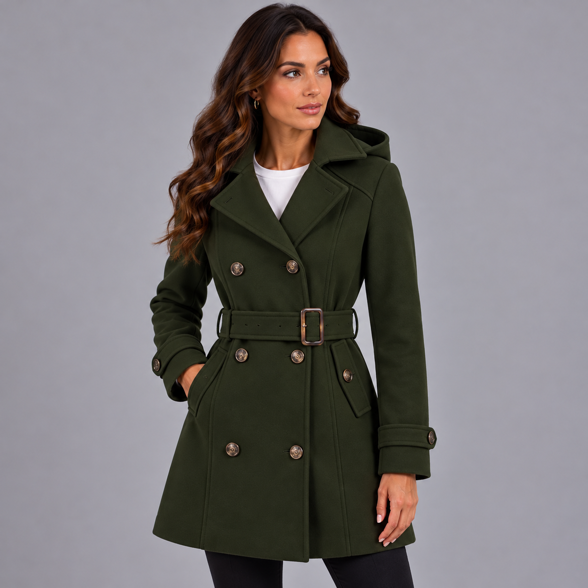 Women's Hooded Double Breasted Trench Coat with Belt and Long Sleeves            Bevalt deze persoonlijkheid je?