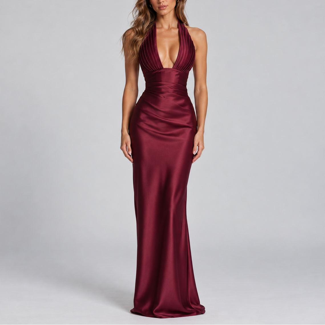 Elegant Satin Halter Neck Maxi Party Dress for Women – Evening Gown