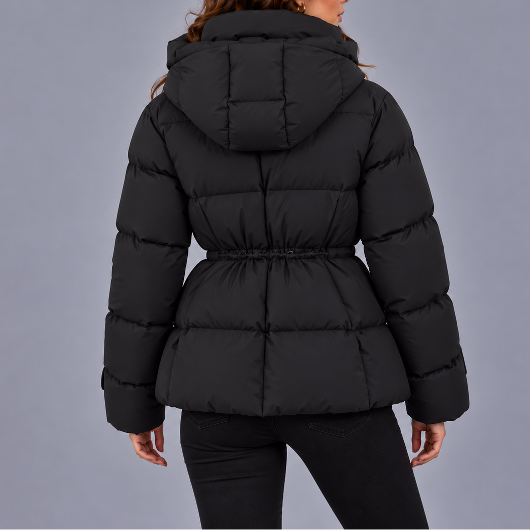 Women's Hooded Quilted Puffer Winter Jacket with Drawstring Waist