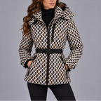 Women's Hooded Puffer Winter Jacket with Belt and Zipper Pockets