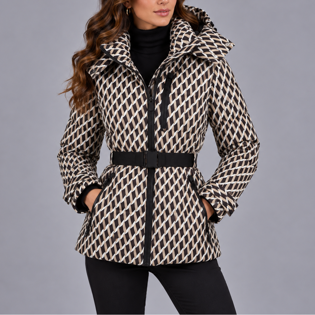 Women's Hooded Puffer Winter Jacket with Belt and Zipper Pockets