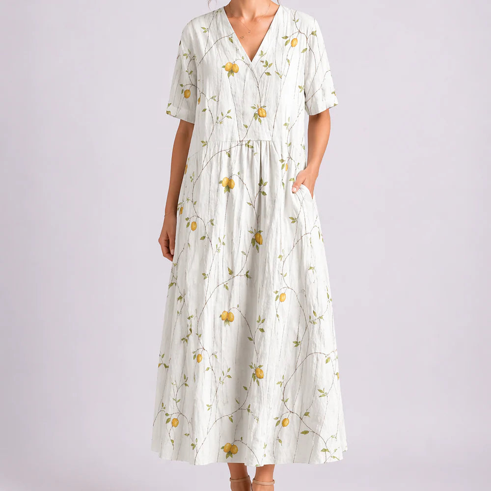 Women’s Floral Midi Dress – V-Neck & Short Sleeve Design