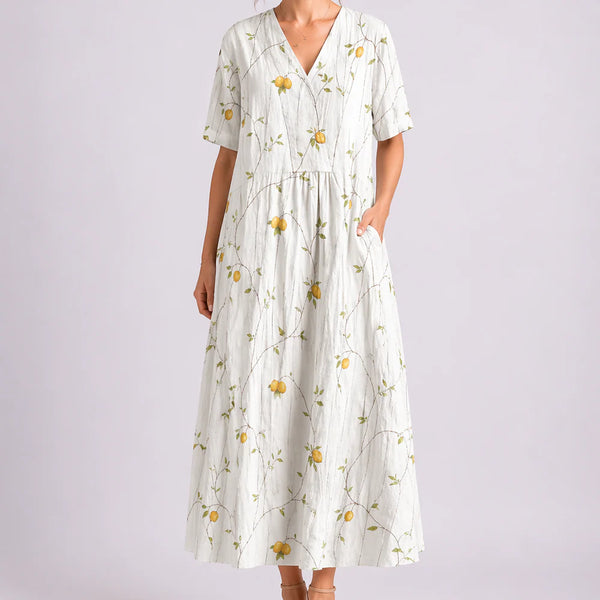 Women’s Floral Midi Dress – V-Neck & Short Sleeve Design