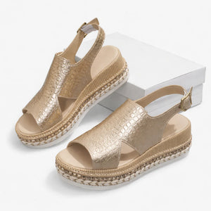 Women’s Summer Wedge Sandals – Supportive Comfort, Metallic Finish